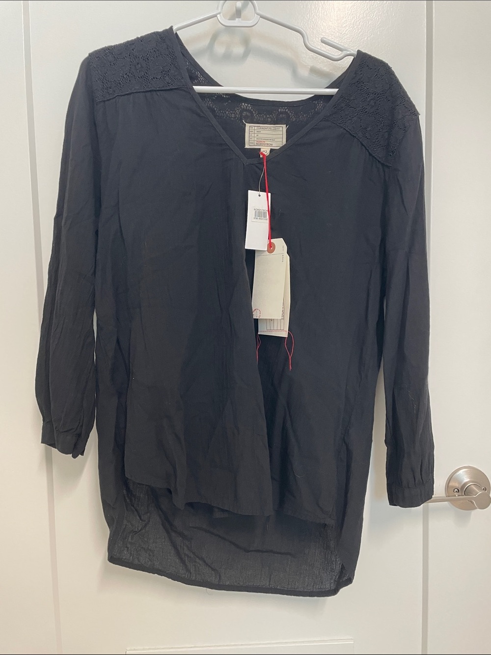 Current/Elliott Black V-Neck Tunic with Lace Yoke